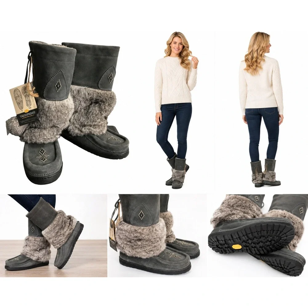 Manitobah Mukluks Boots 9 Grey Artisan Tribal‎ Boho Festival Rabbit Beaded Suede